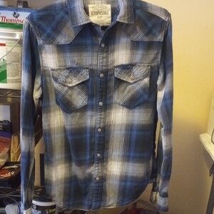 Aeropostale Men's Black and Blue Plaid Fannel Shirt With Snap Buttons